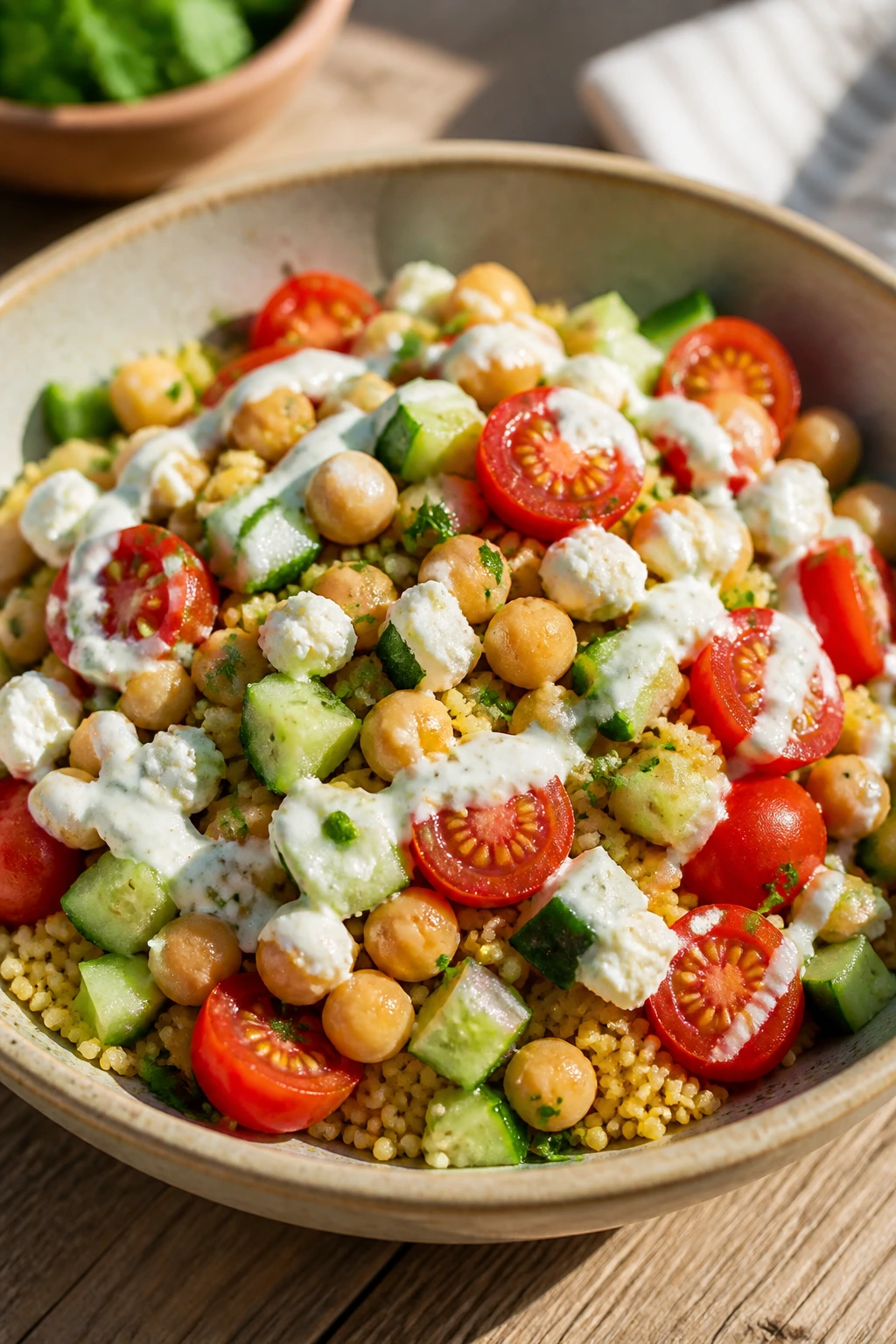 Close-up of a Mediterranean couscous bowl with chickpeas and feta