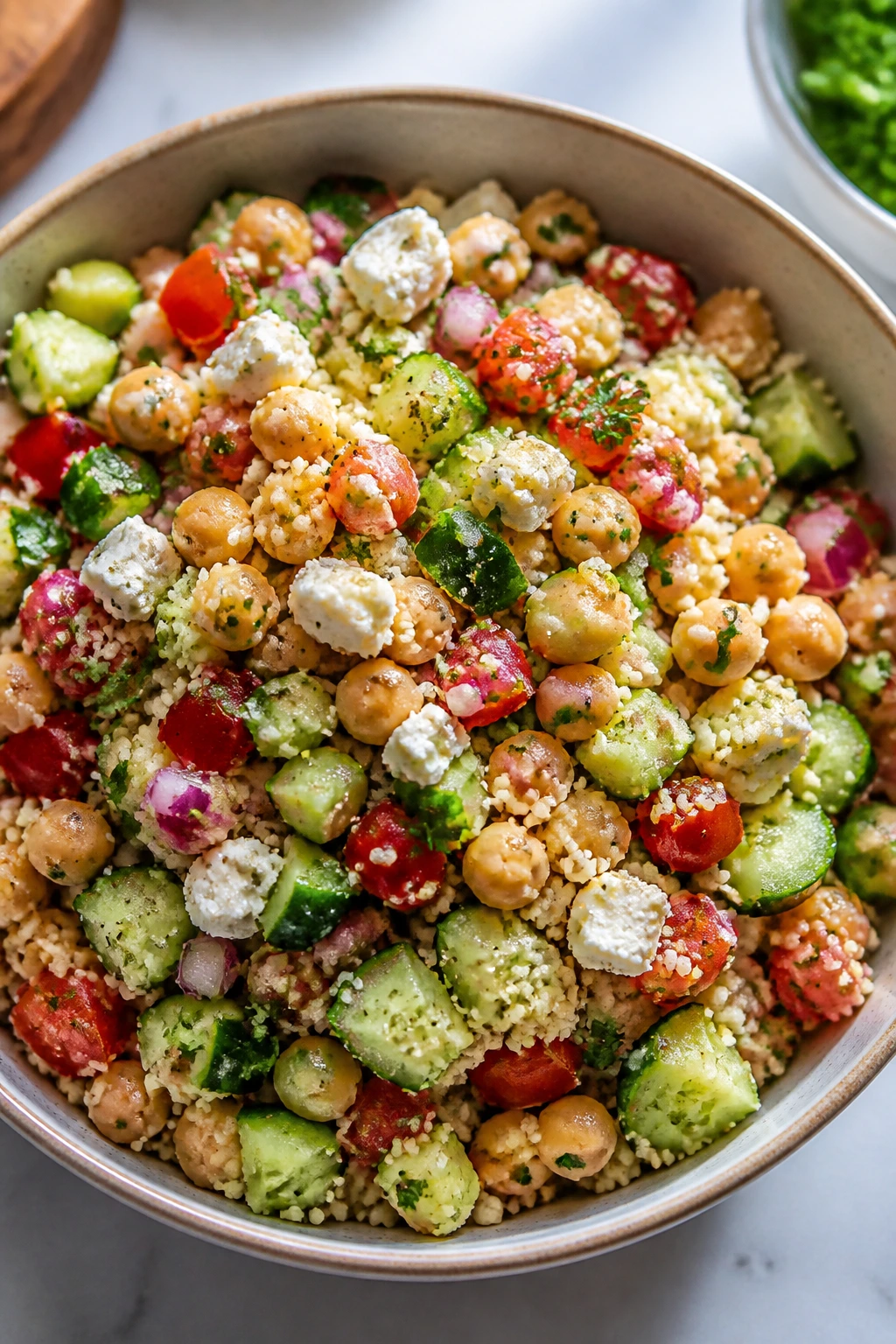 Vibrant Mediterranean couscous bowl with chickpeas feta cucumber