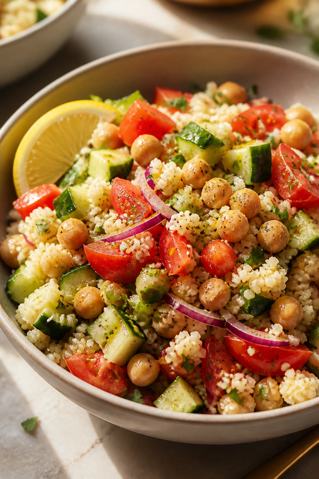 Close-up of Mediterranean couscous with chickpeas and vegetables