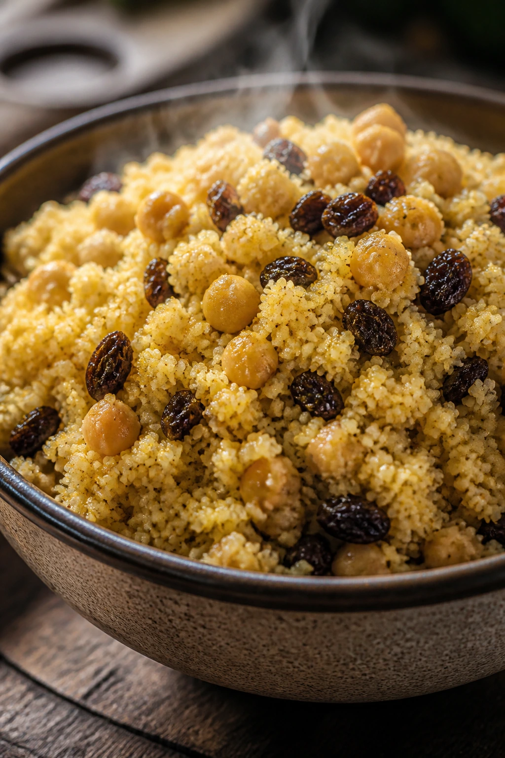 Close-up of couscous with chickpeas and raisins in a bowl.