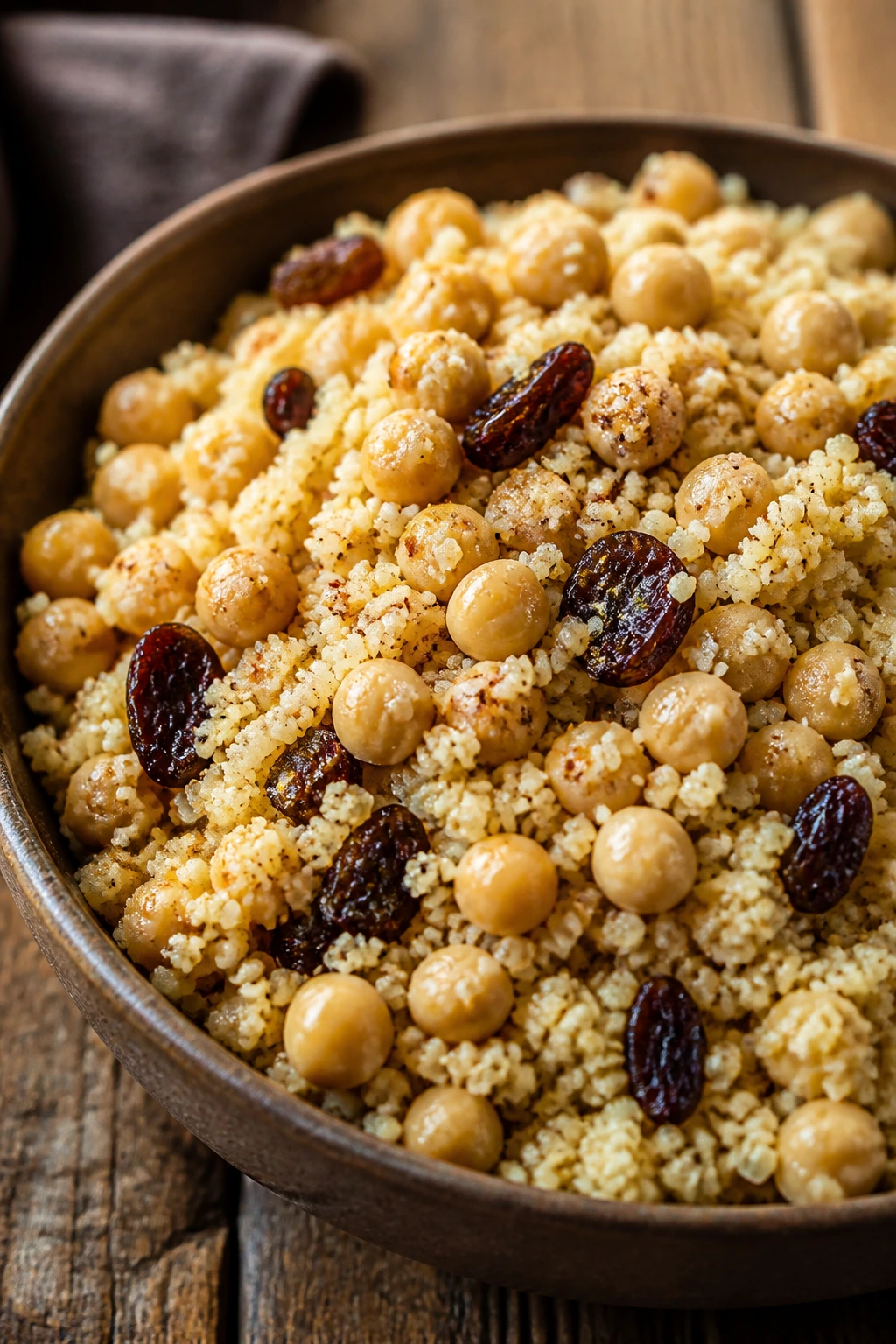 Couscous with chickpeas and raisins in a bowl