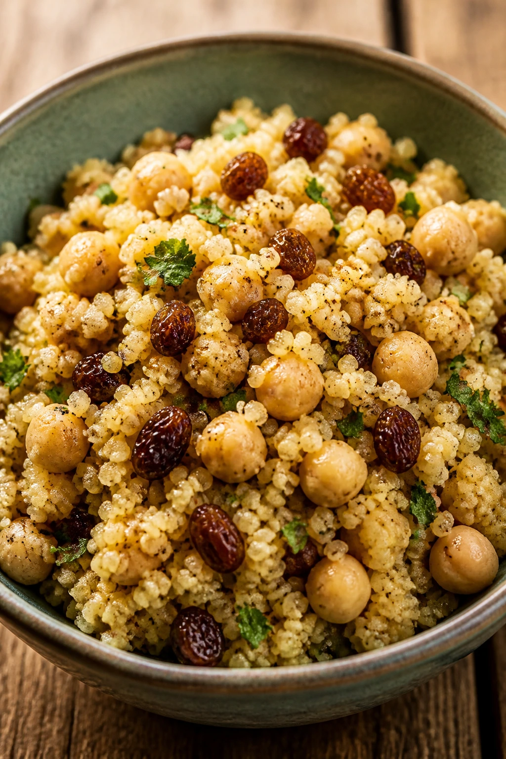Couscous bowl with chickpeas and raisins in a rustic setting
