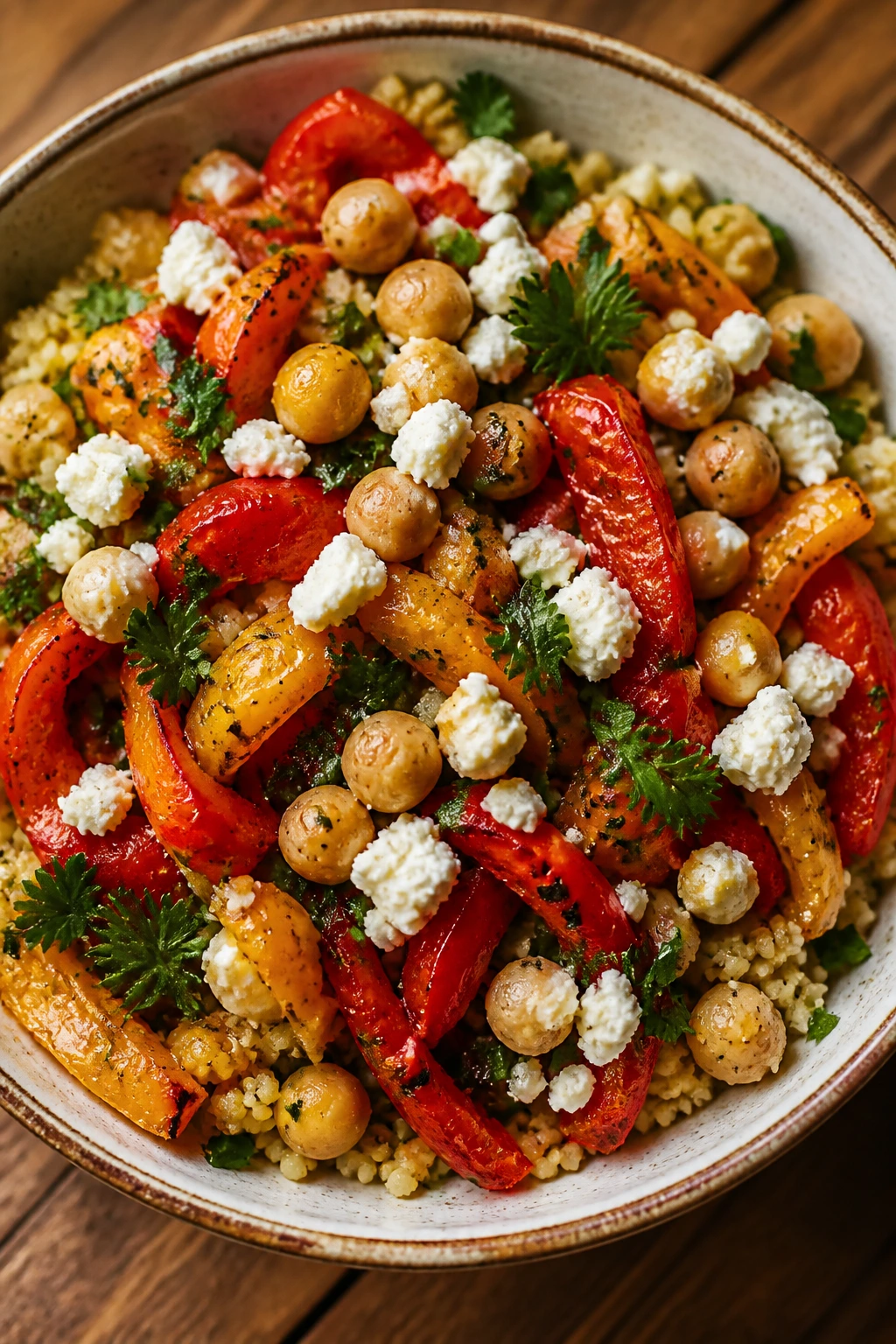Vibrant couscous bowl with chickpeas and roasted peppers