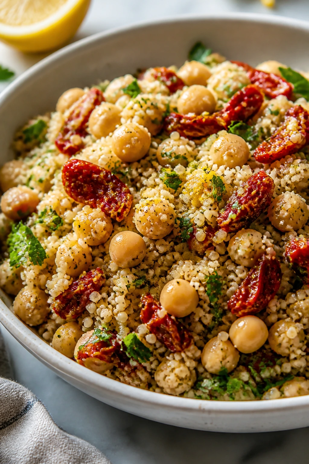 Close-up of couscous with chickpeas and sun-dried tomatoes in a bowl