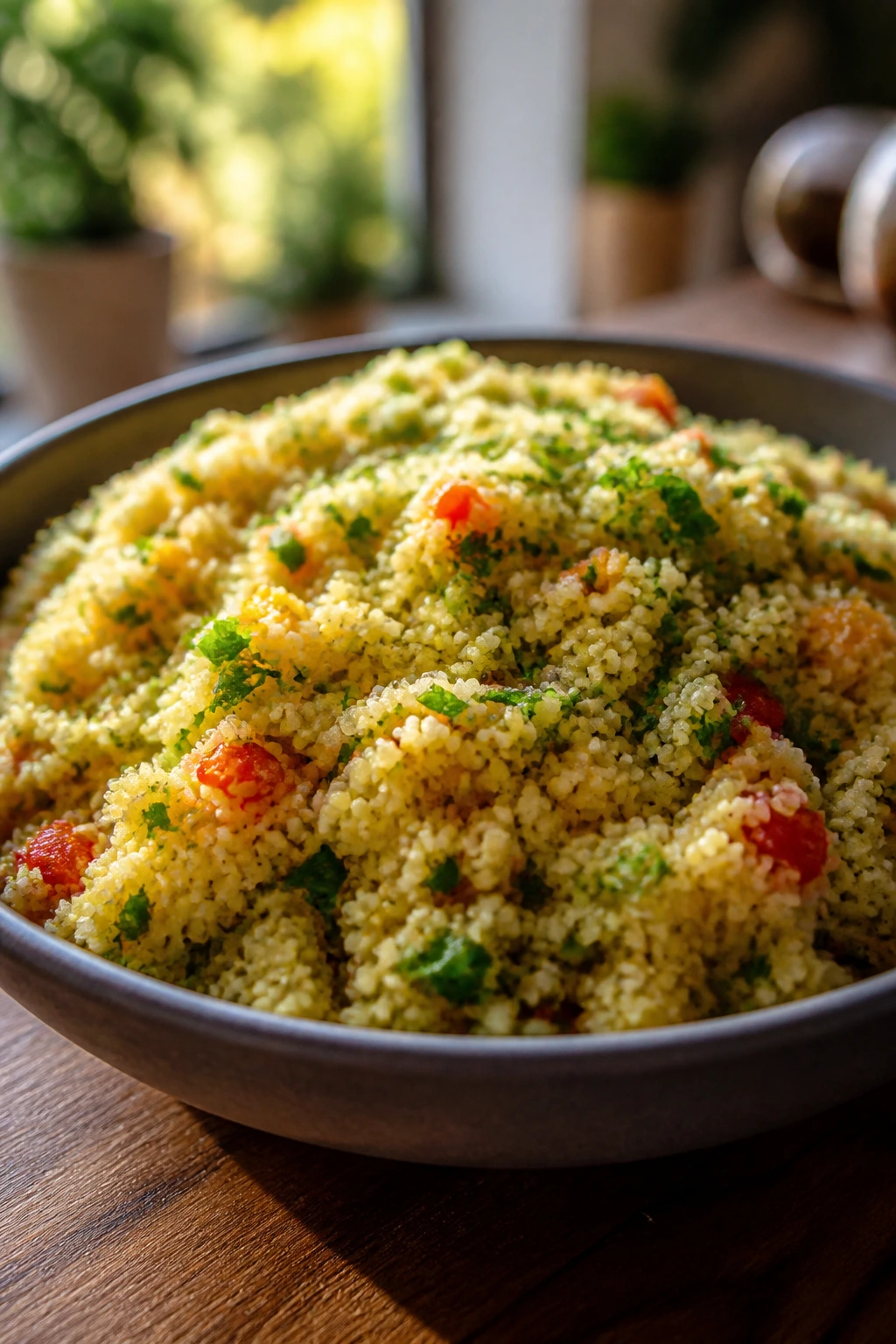 Close-up of fluffy couscous with herbs in a rustic kitchen bowl