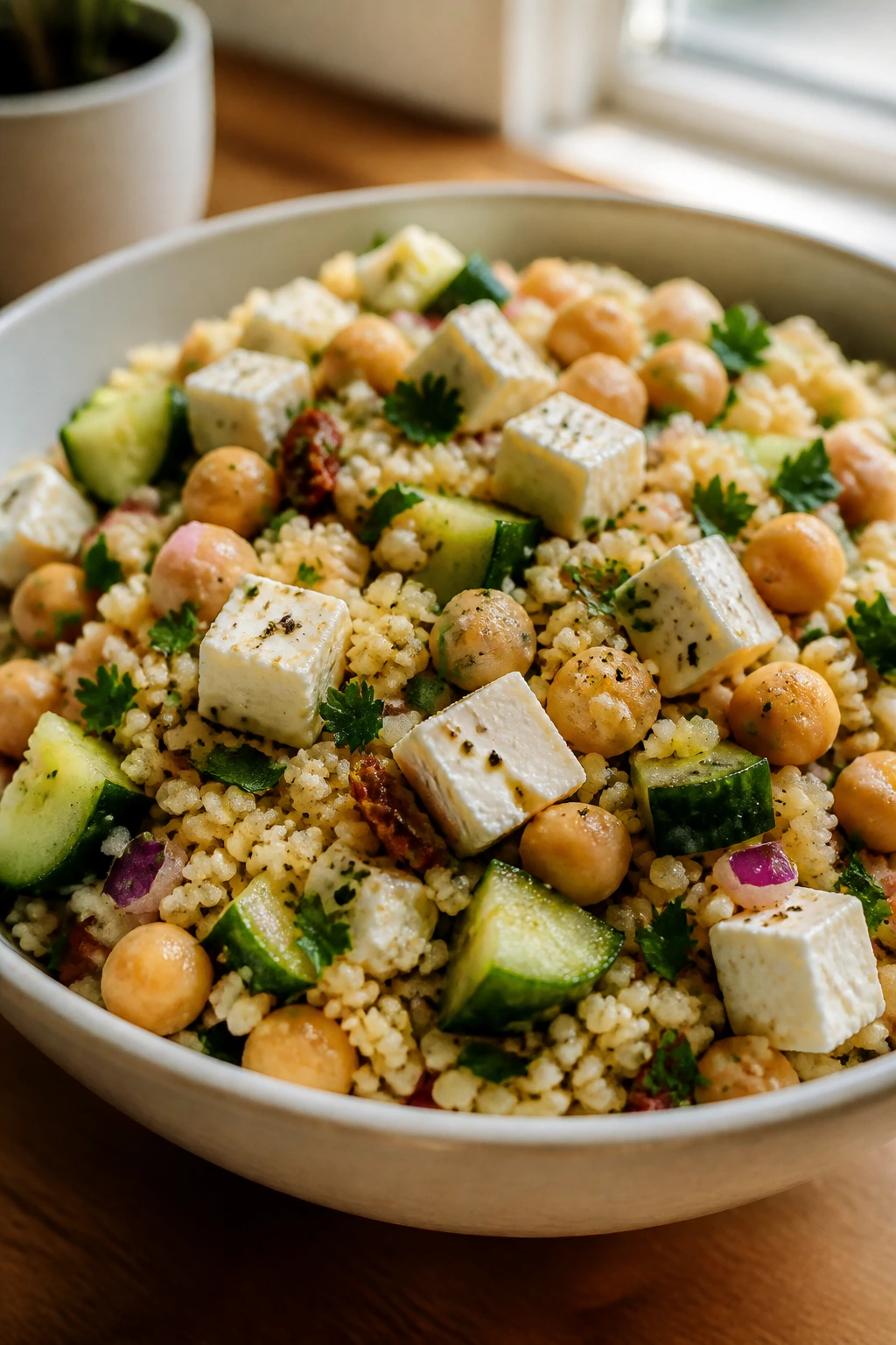 Close-up of a Mediterranean couscous bowl with chickpeas and feta on a dorm kitchen counter