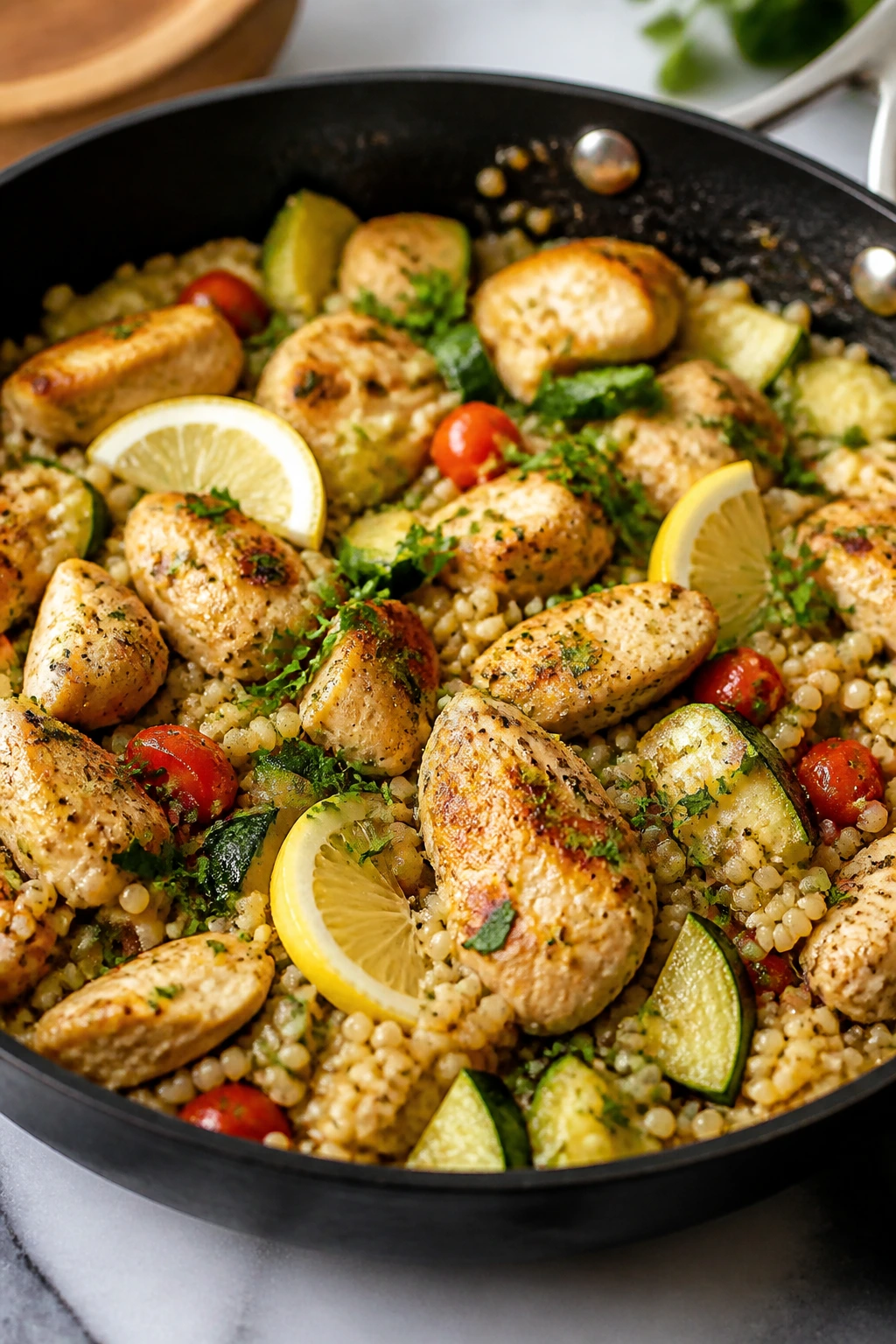 Plate of Lemon-Garlic Chicken Couscous showcasing a quick reference dish