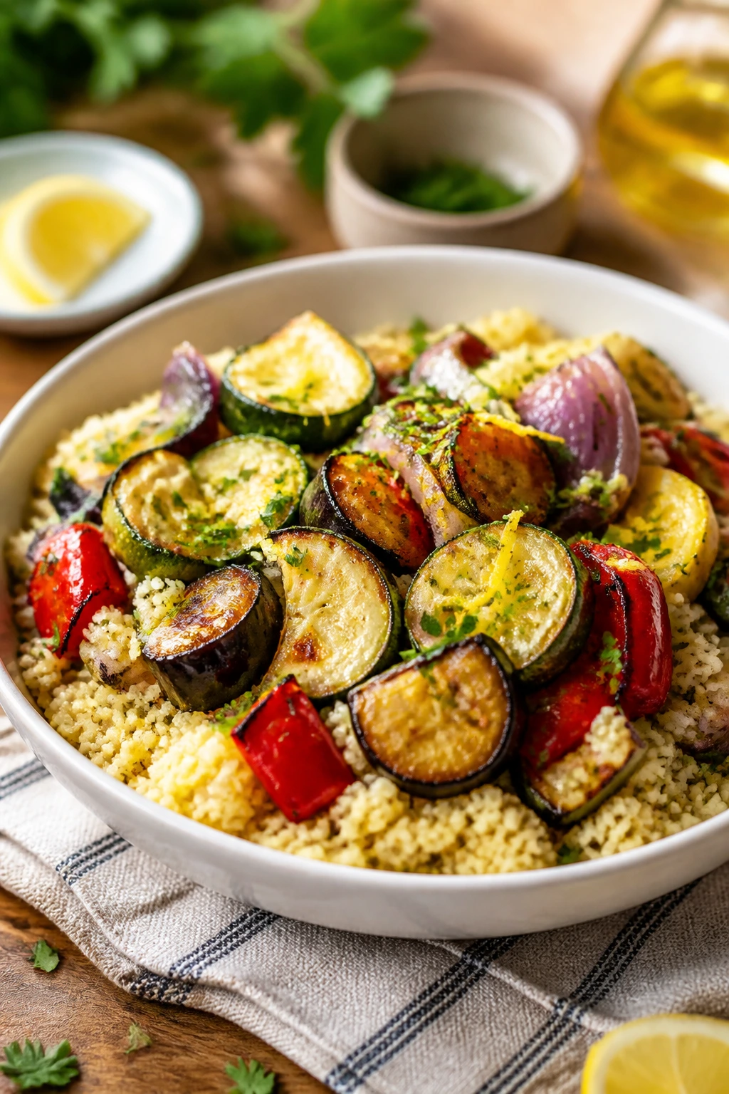 Bowl of roasted vegetable couscous with colorful vegetables