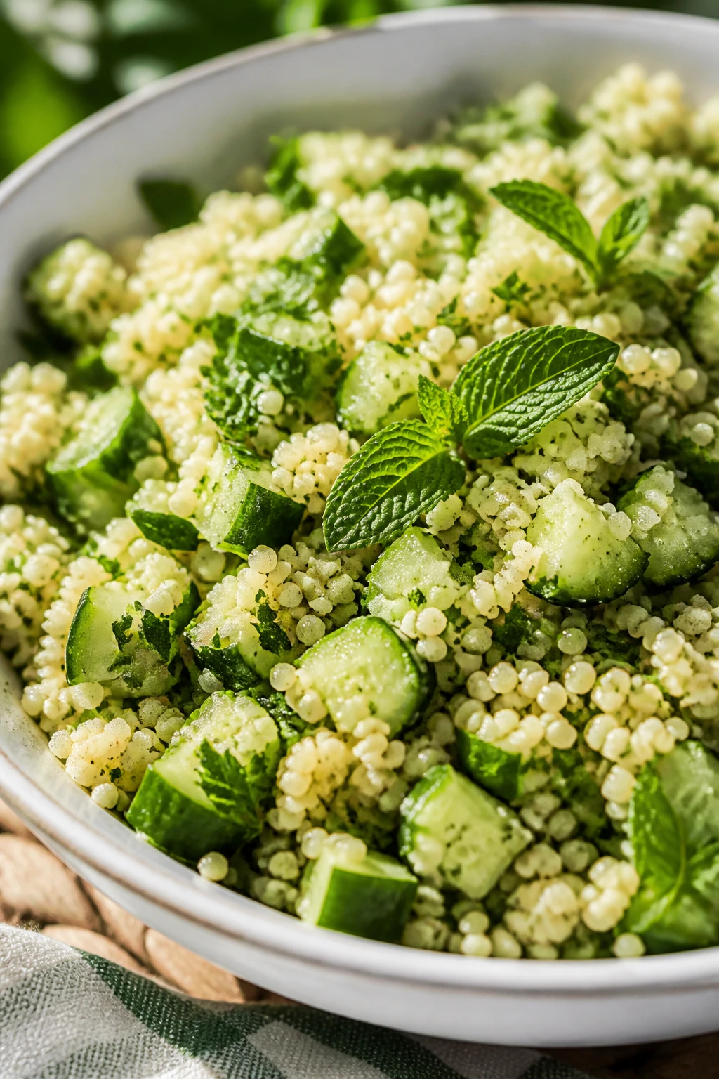 Close-up of couscous cucumber mint salad in a bowl on a picnic table