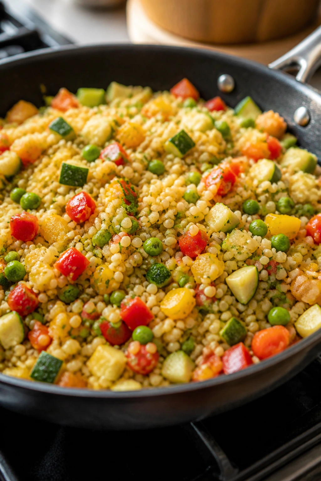 Colorful couscous with vegetables in a skillet