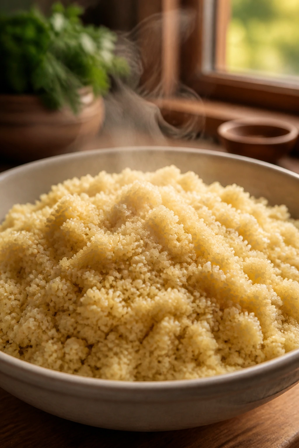 Close-up of fluffy cooked couscous in a bowl
