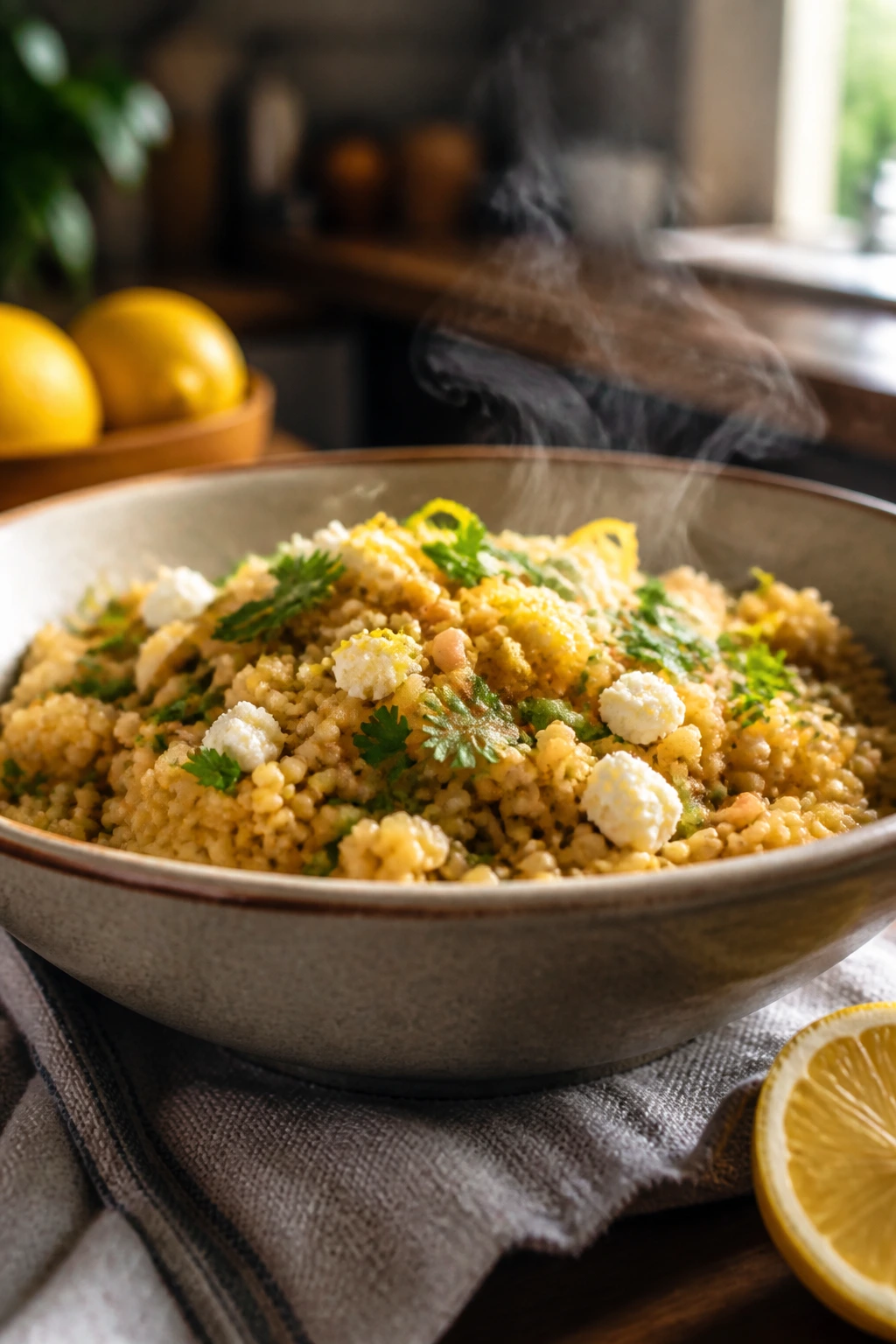 Close-up of a lemon-herb couscous bowl on a kitchen counter