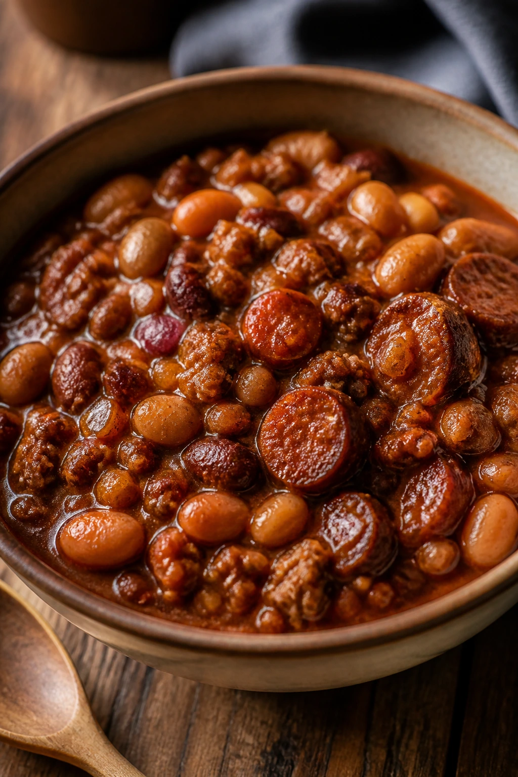 Rustic bowl of cowboy beans with beef and sausage