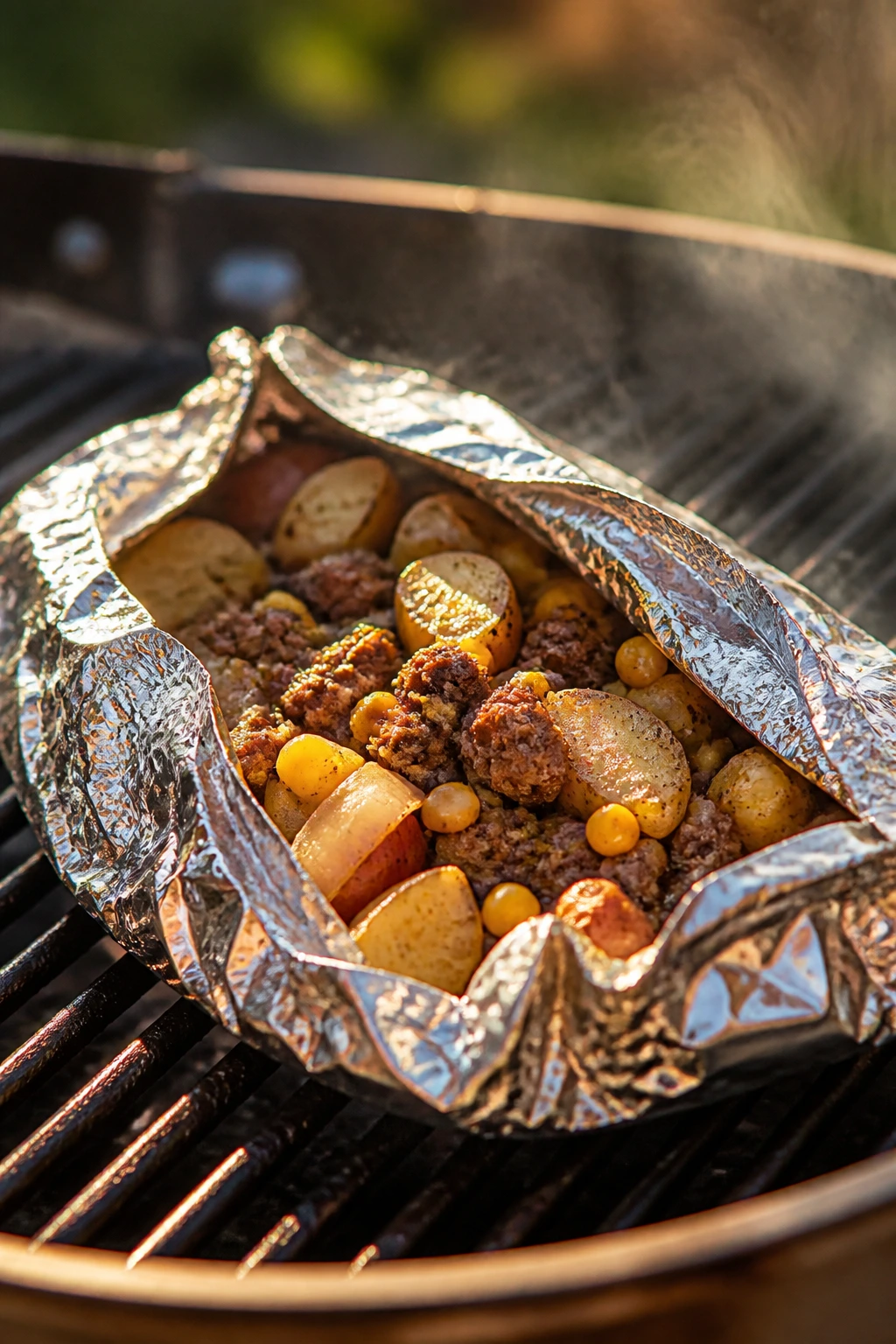 Foil packet with beef and vegetables on a grill