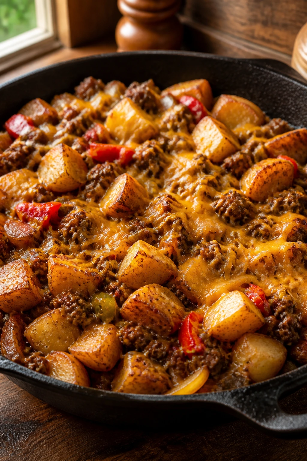 Medium close-up of cowboy beef and potato skillet with potatoes and cheese