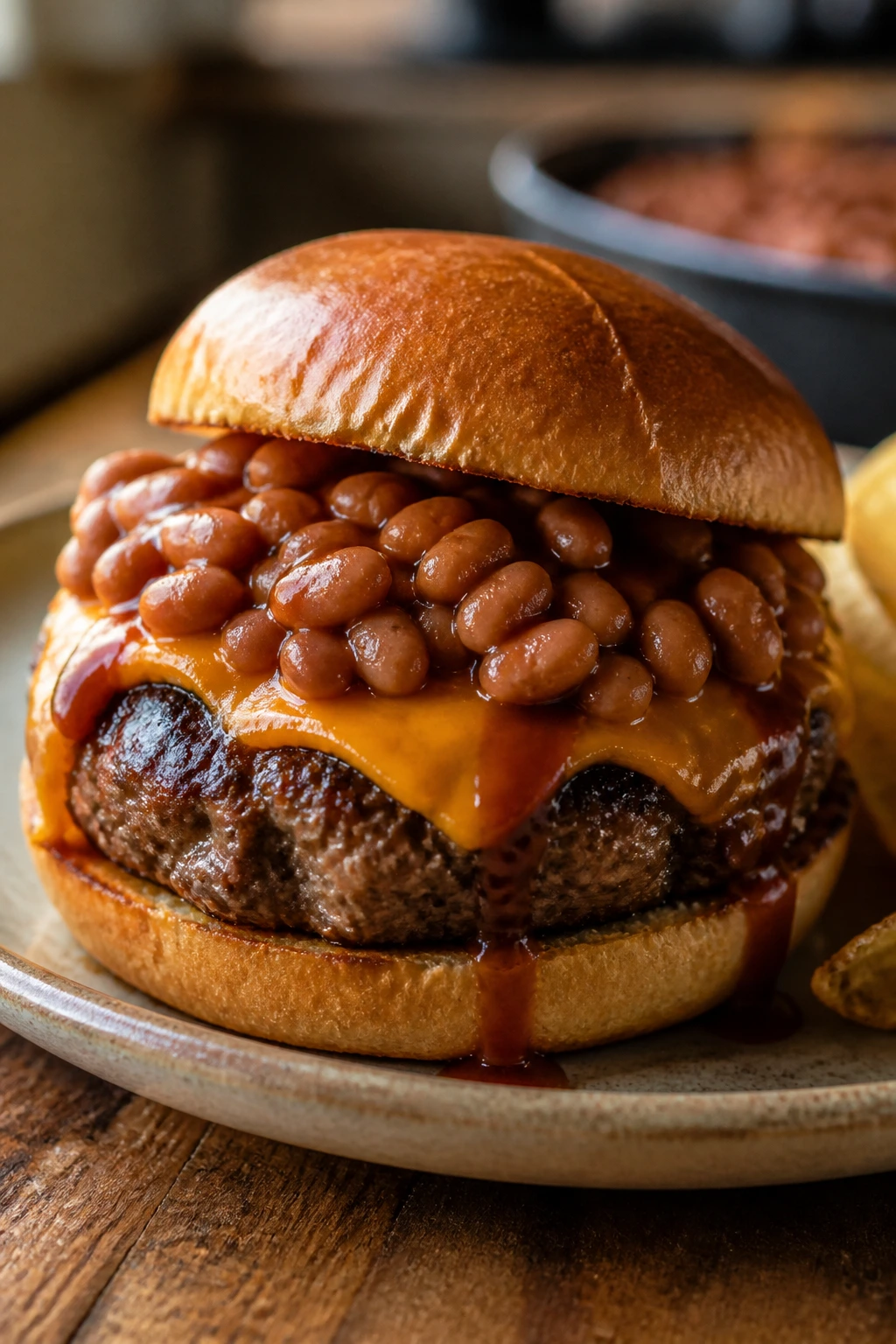 Beef patty with beans cheddar and BBQ sauce on a toasted bun on a rustic plate
