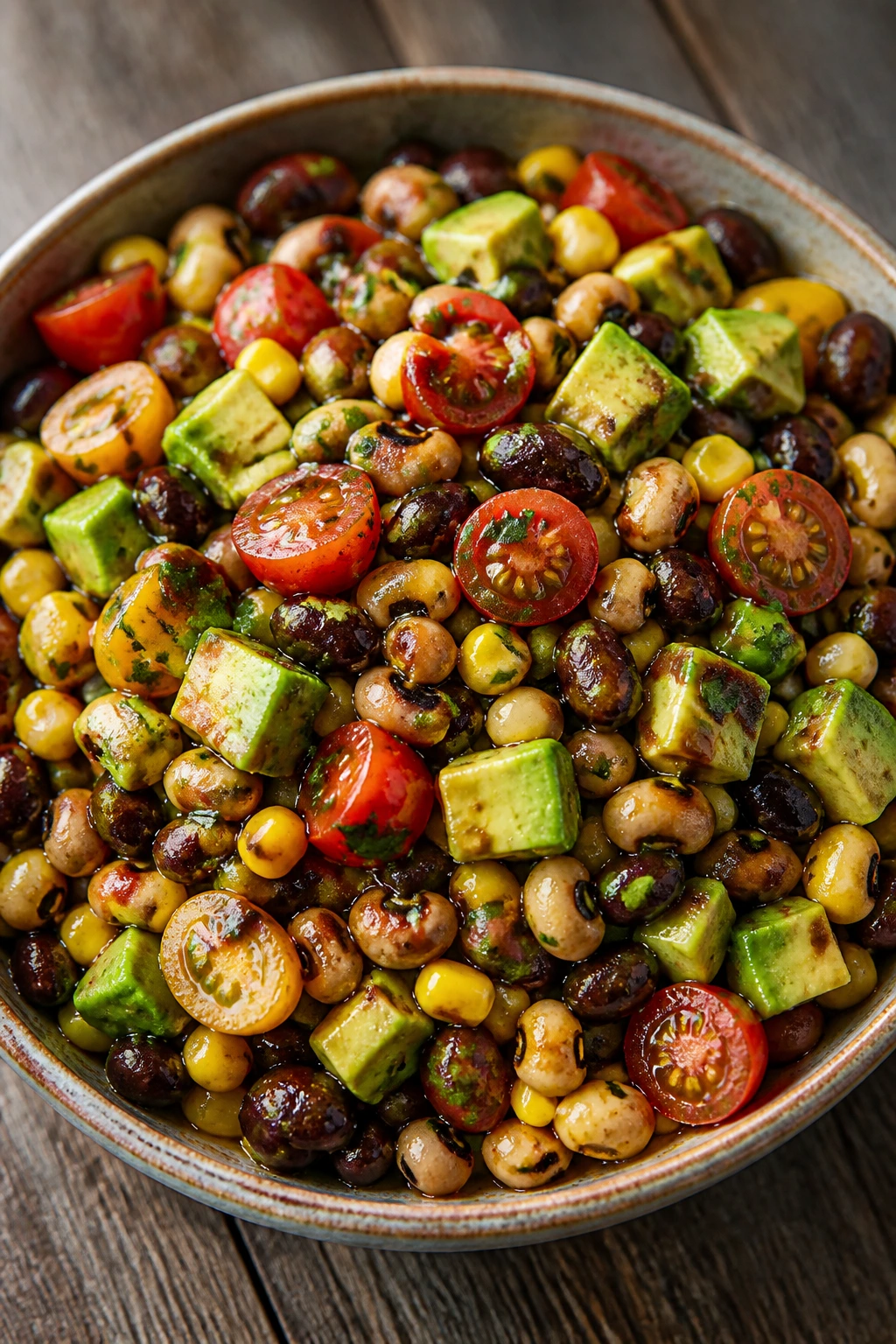 Cowboy caviar in a bowl with beans and avocado