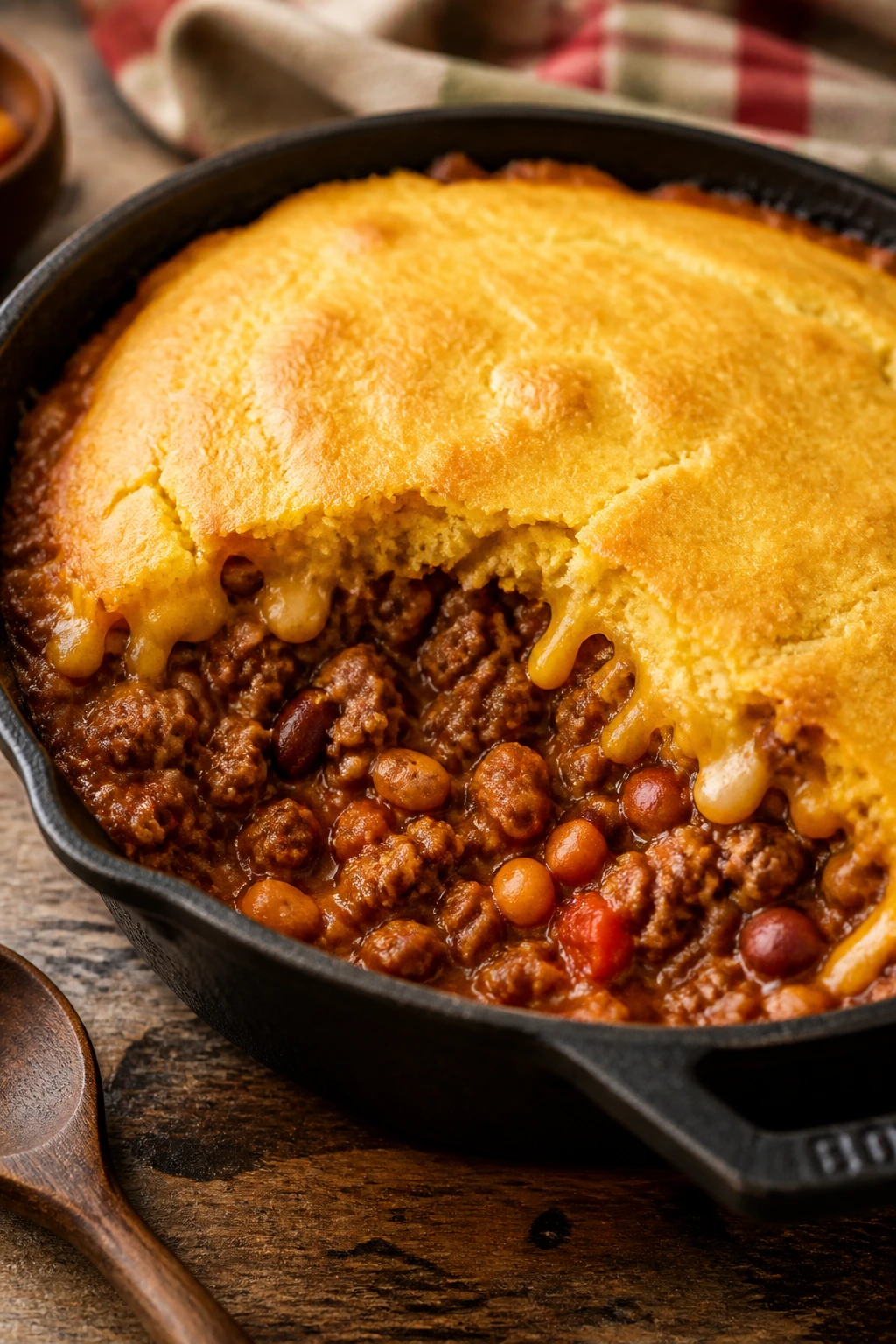 Cast-iron skillet with golden cornbread topping over beef and beans