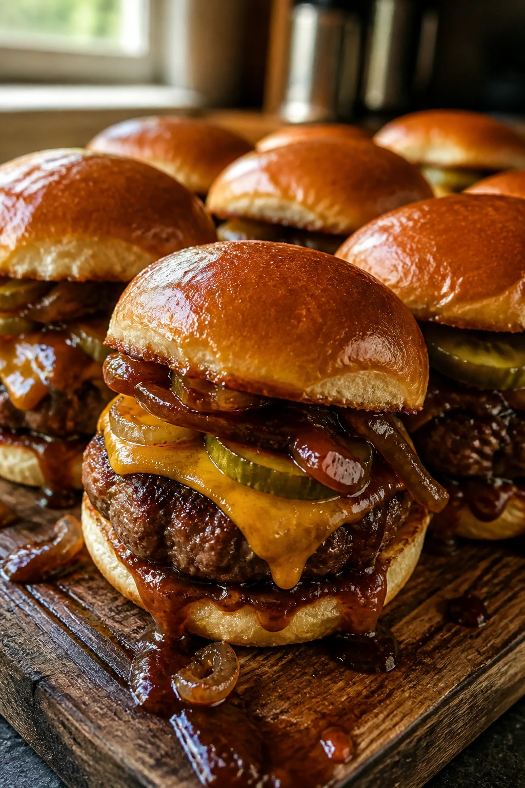 Close-up of cowboy BBQ sliders on a wooden board with cheddar and pickles