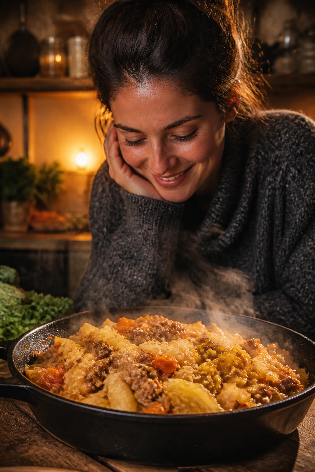 Portrait of a person in a cozy kitchen with a steaming cabbage skillet