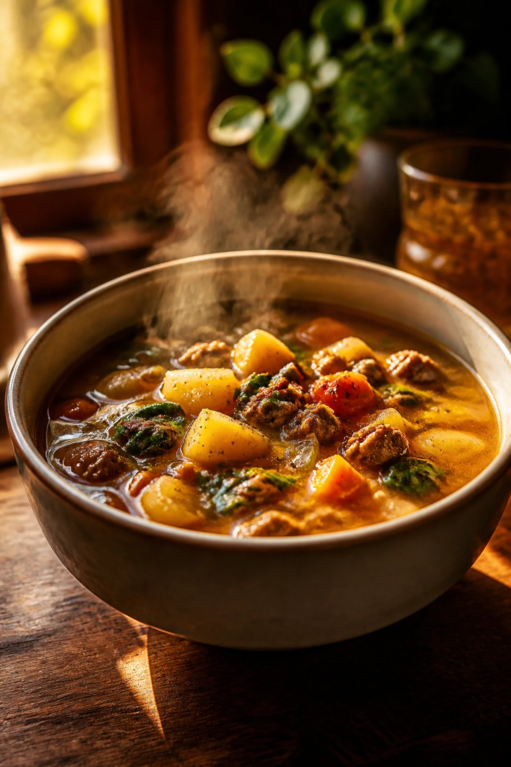 Steaming bowl of cozy fall soup on a wooden table
