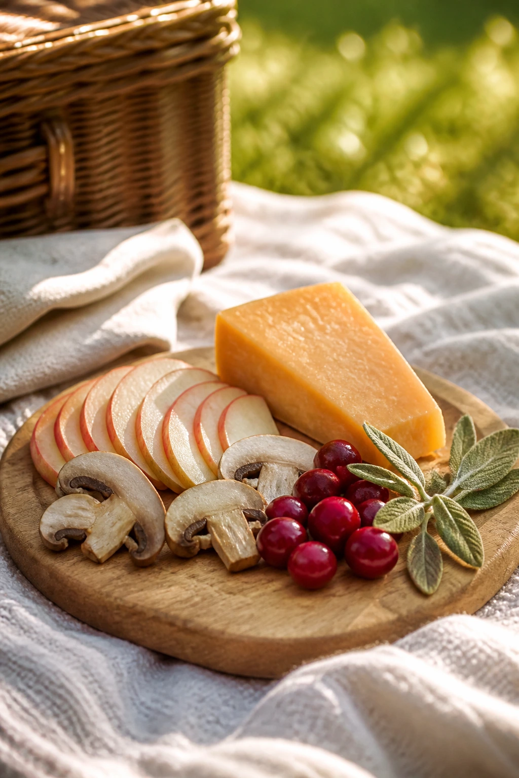 Cozy flavors arranged on a rustic picnic board with cheese, fruit, and mushrooms