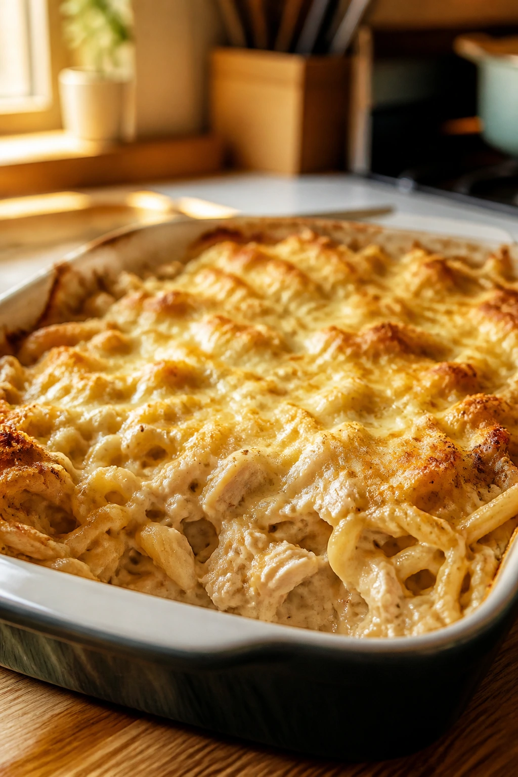 Close-up of a creamy baked pasta dish with melted cheese in a cozy kitchen