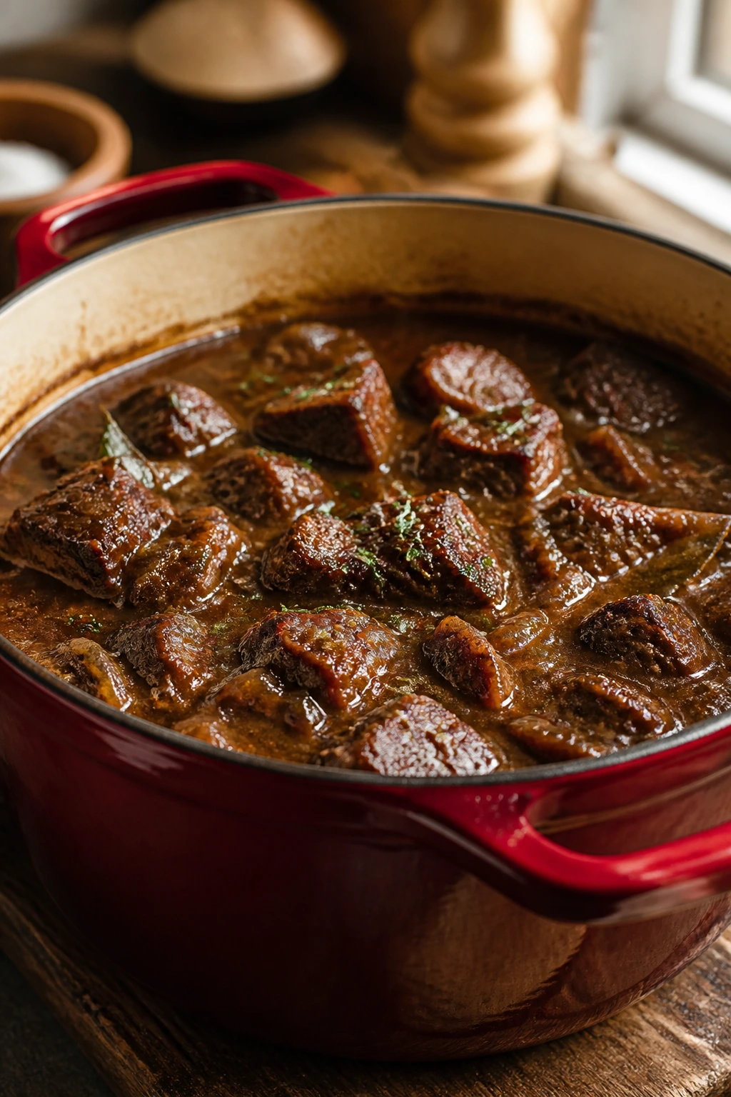 Close-up of a Dutch oven filled with braised beef in a rich sauce