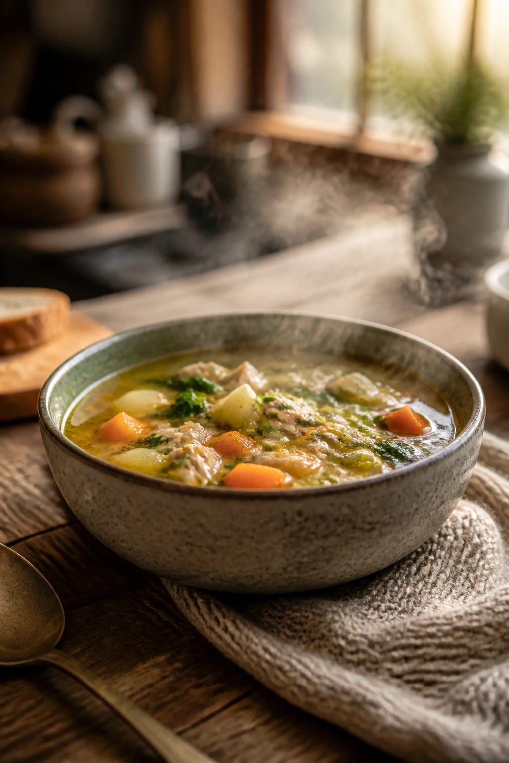 Close-up of steaming cozy bowl of soup on wooden table in warm kitchen