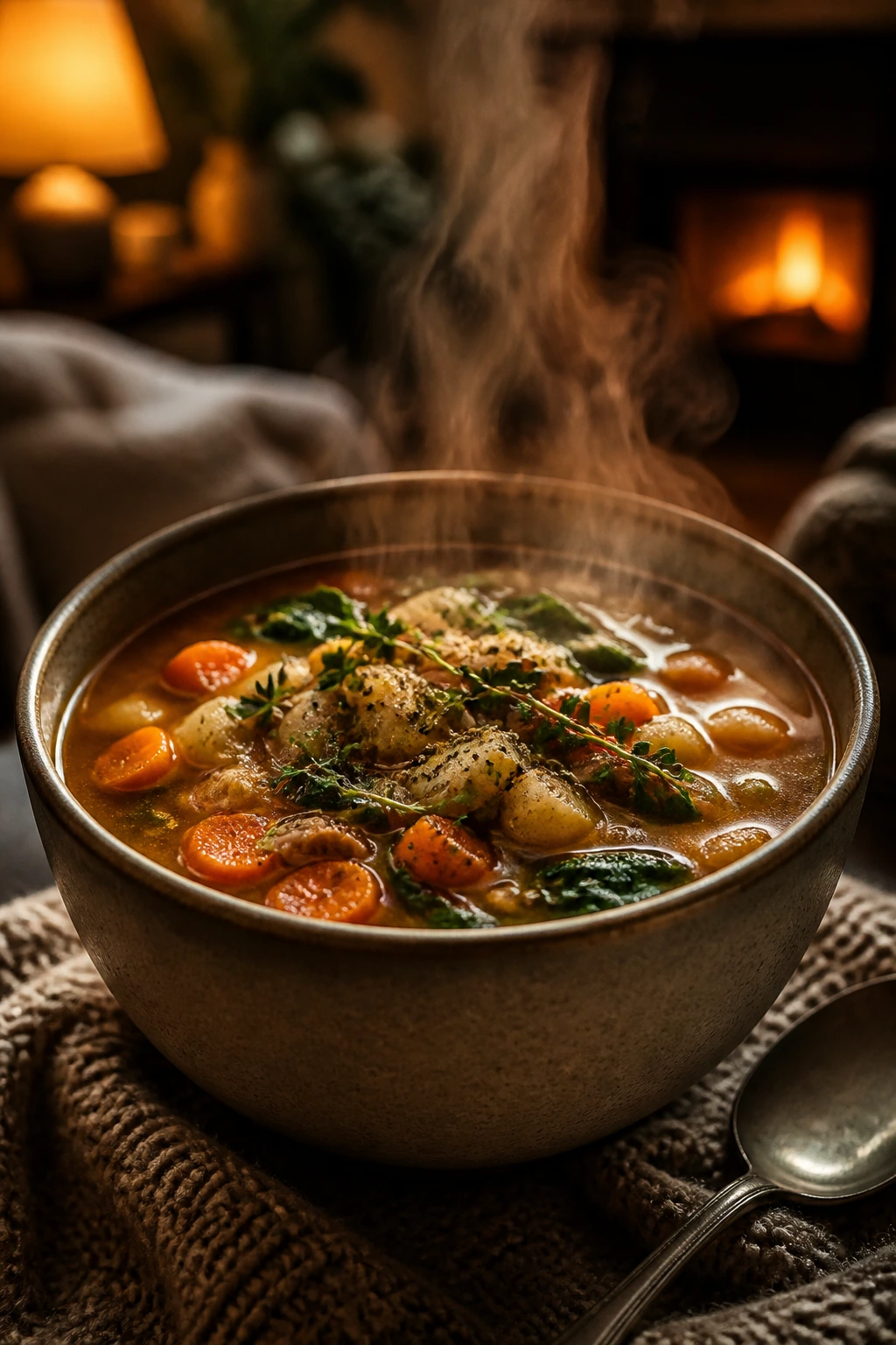 Steaming cozy soup bowl in softly lit dining nook with warm ambiance