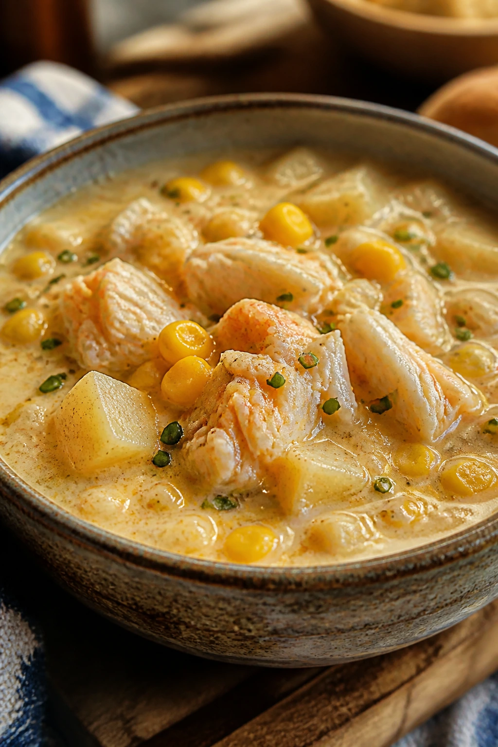 Crab and corn chowder in a rustic bowl with crab pieces and corn