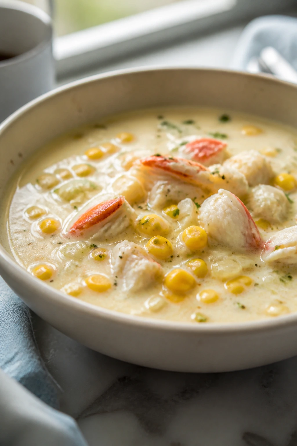 Close-up of crab and sweet corn chowder showing crab meat and corn in pale broth.