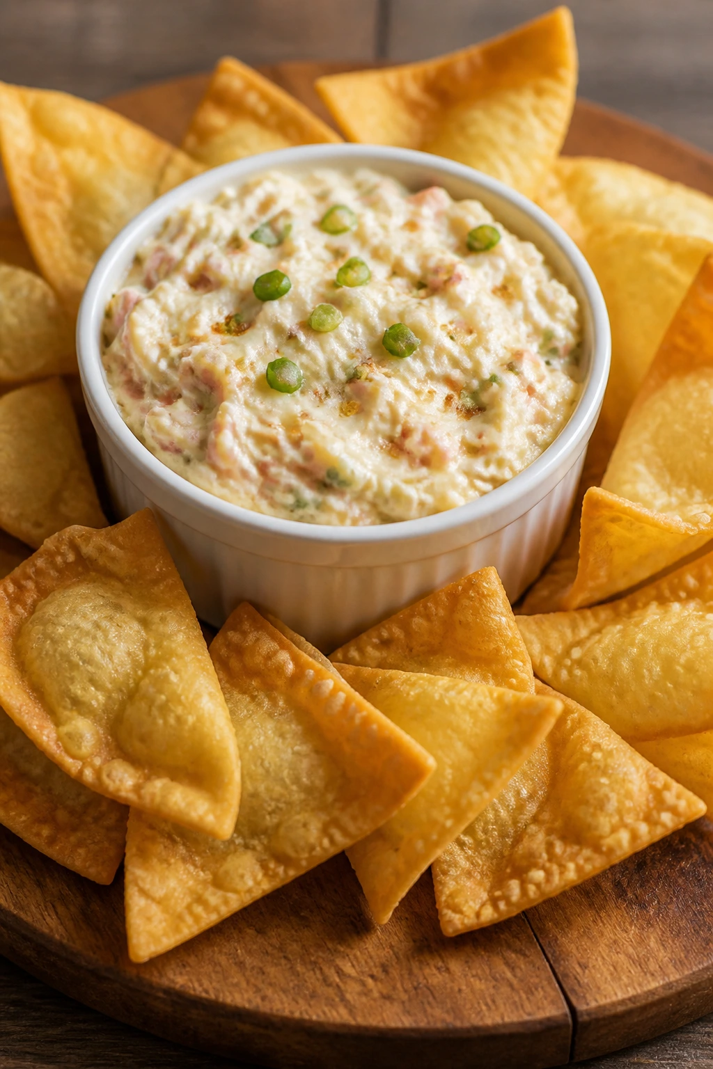 Creamy crab Rangoon dip with crispy wonton chips on wooden board