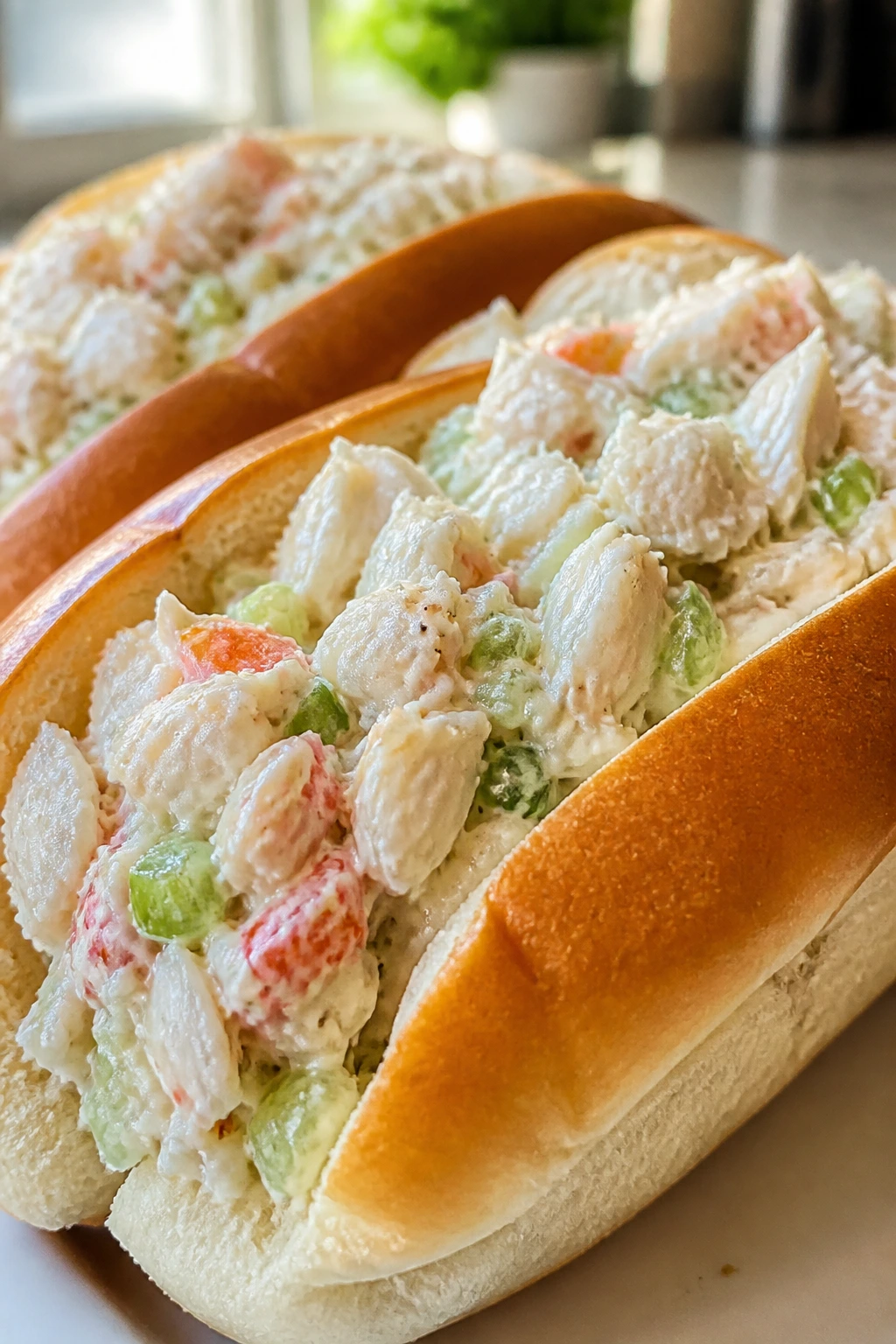 Close-up of two crab salad sandwiches with visible crab filling.