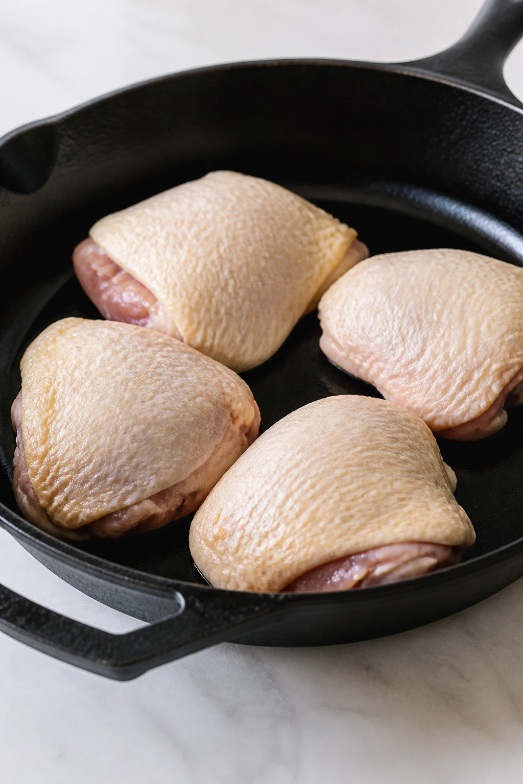 Chicken thighs in a cold cast-iron skillet ready to start browning