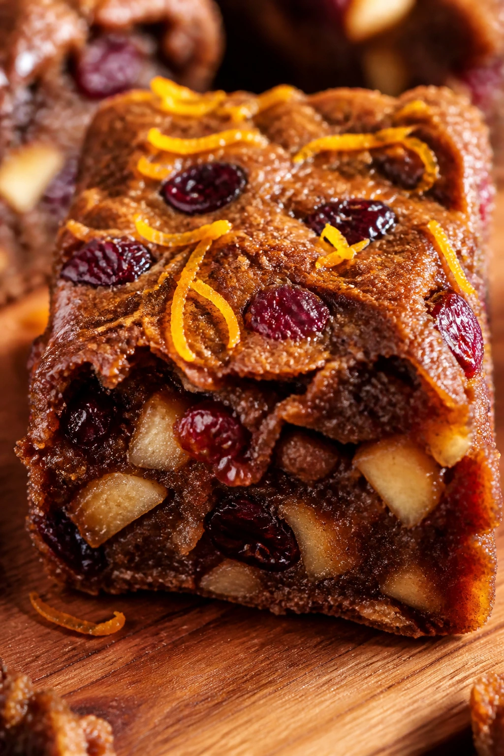 Close-up of cranberry apple brownie square with orange zest on top