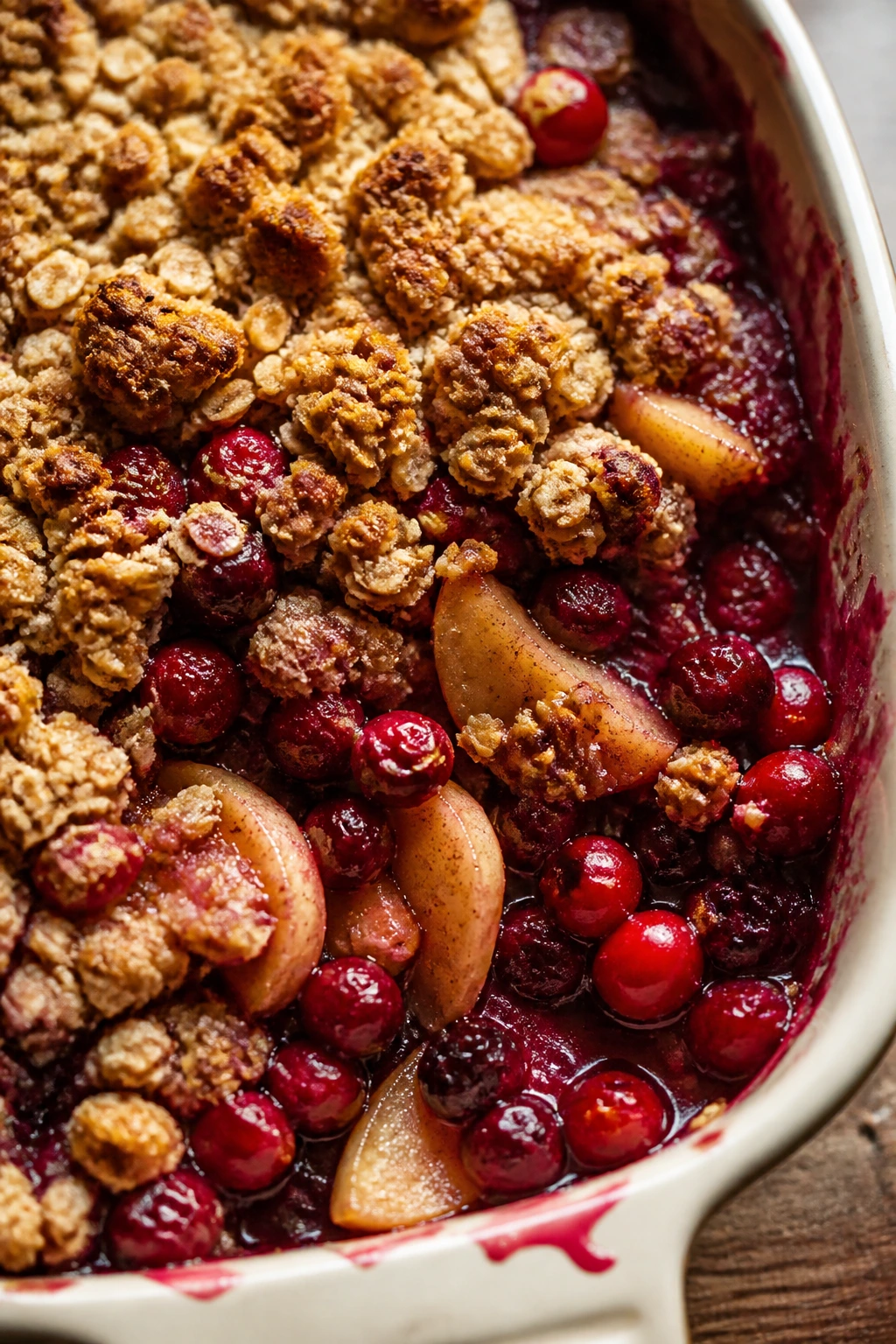 Close-up of Cranberry Apple Crisp in a baking dish with golden oat topping