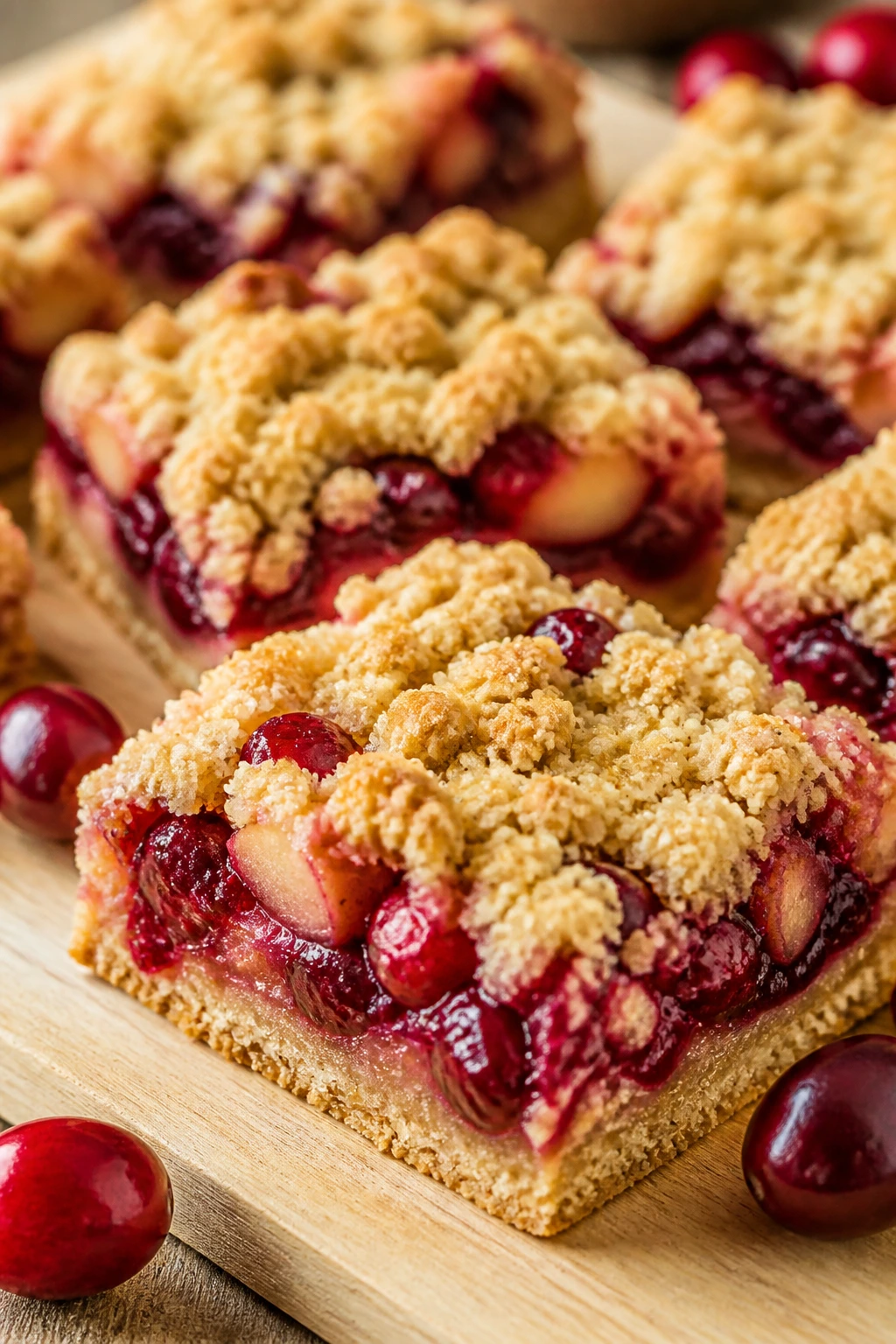 Cranberry apple crumble bars on cutting board