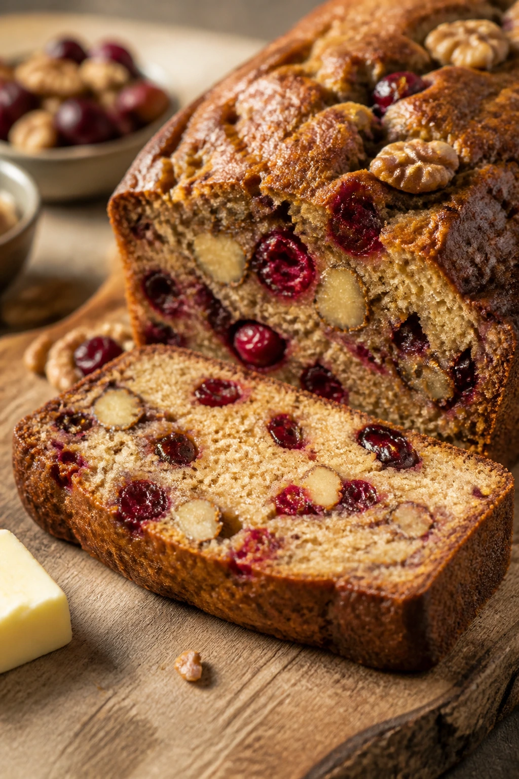 Slice of cranberry walnut banana bread showing tart fruit and nuts