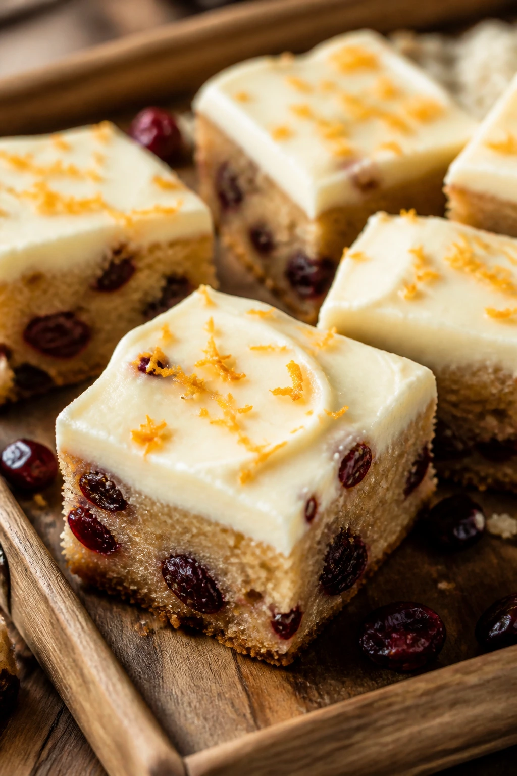 Close-up of cranberry bliss bars with white frosting on wooden tray
