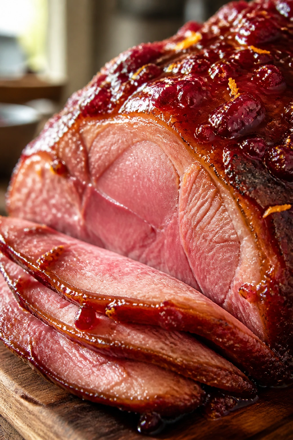 Close-up of cranberry bourbon glazed ham on a wooden board