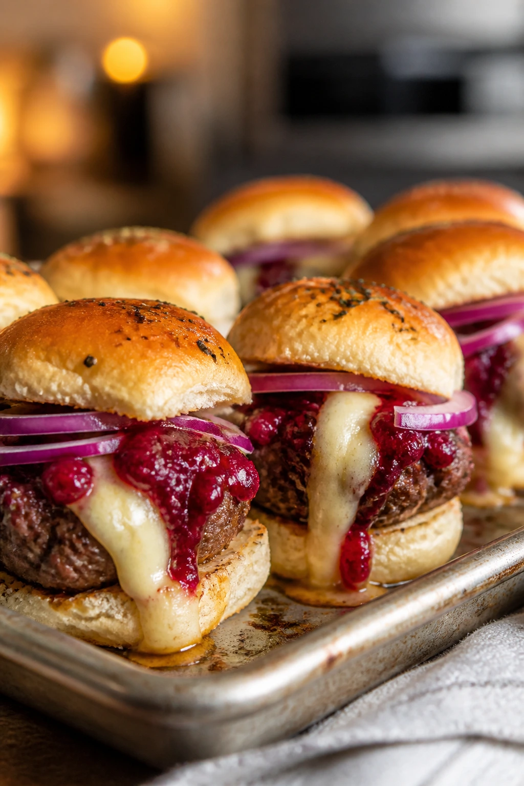 Close-up of cranberry-brie sliders on a tray with melted brie and cranberry glaze.