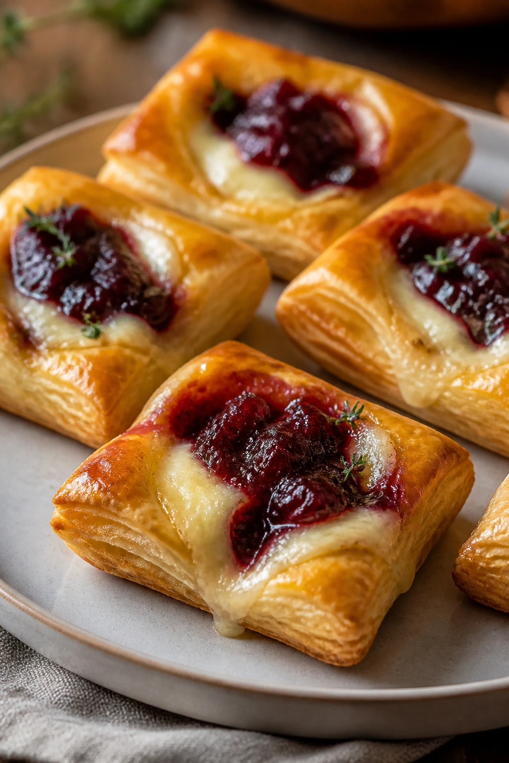 Bite-sized puff pastry bites with brie and cranberry filling