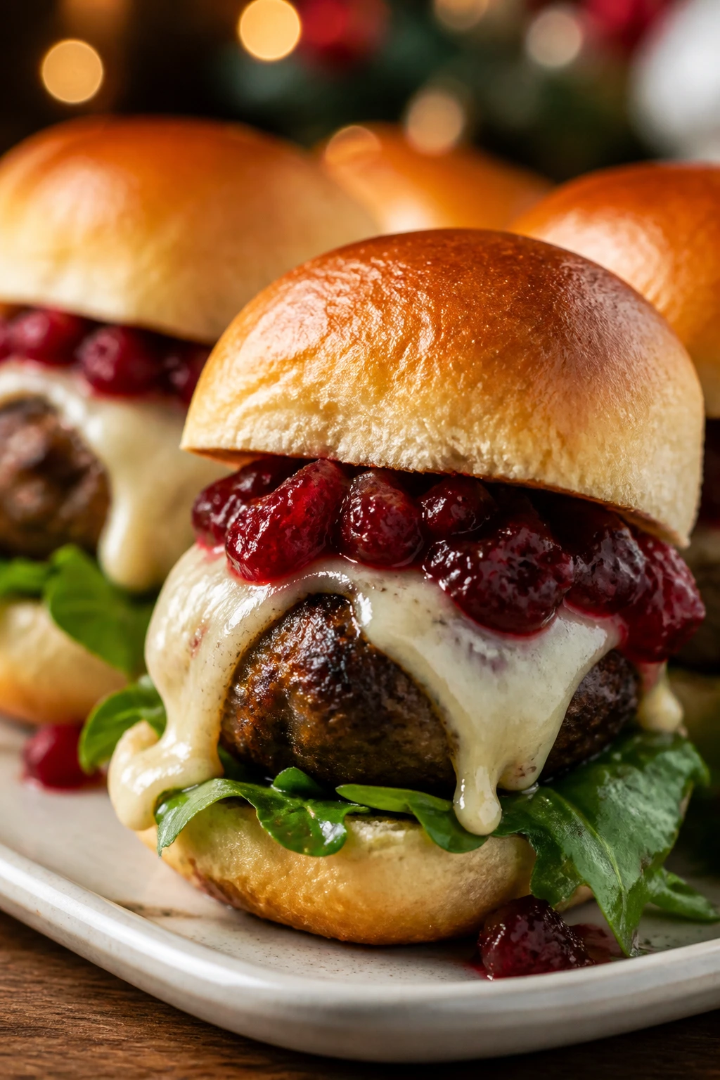 Cranberry brie meatball slider with cranberry glaze on a platter
