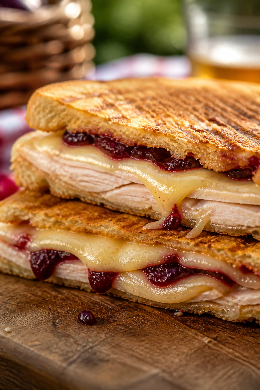 Pressed cranberry brie turkey sandwich on grilled bread outdoors