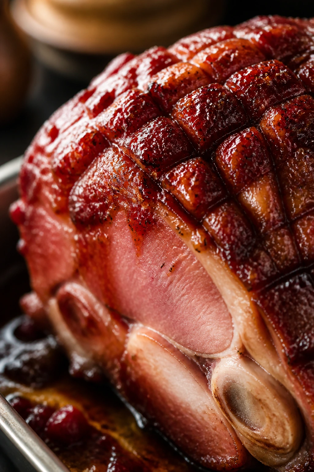 Close-up of cranberry clove glaze on roasted ham