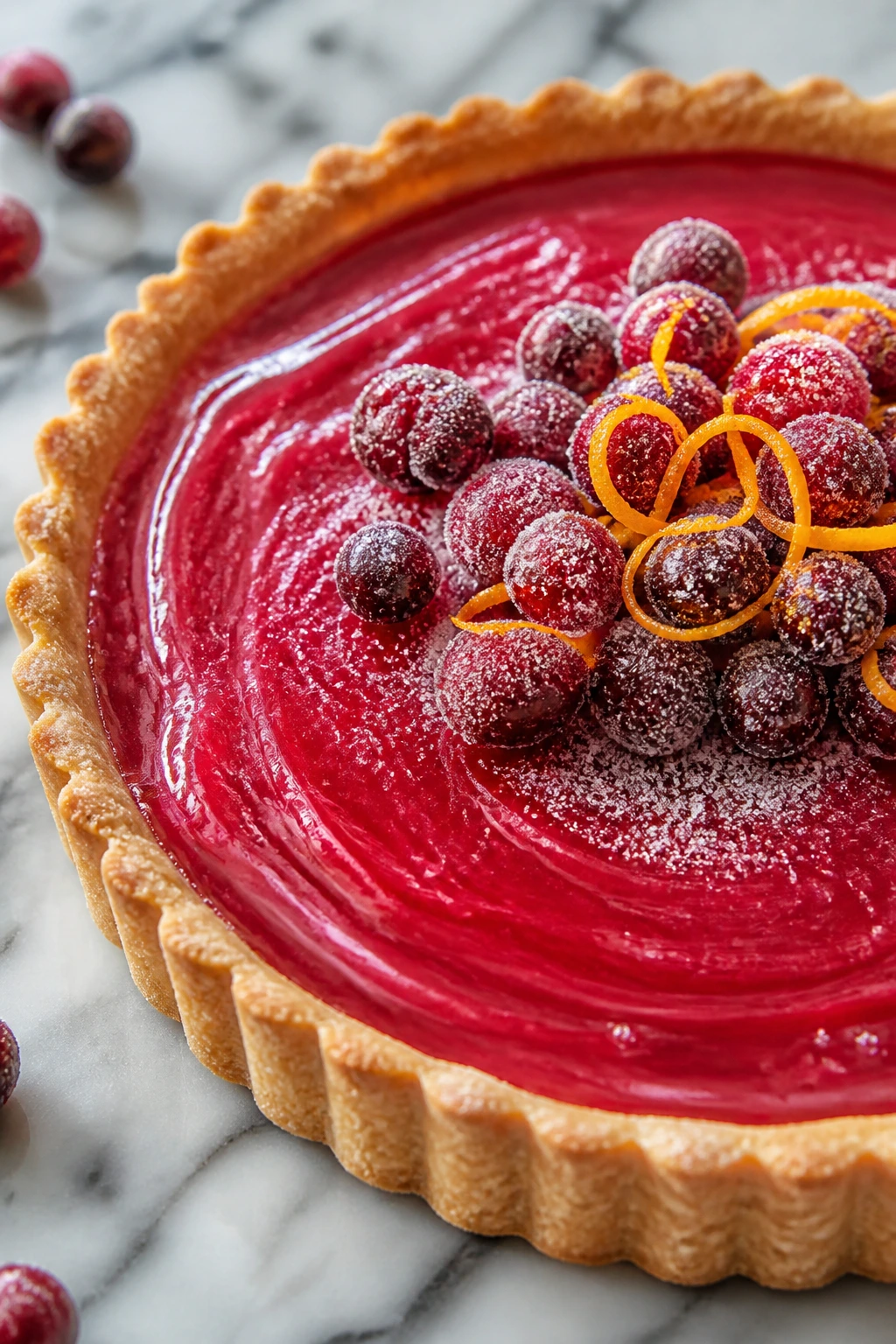 Close-up of cranberry orange curd tart on marble surface