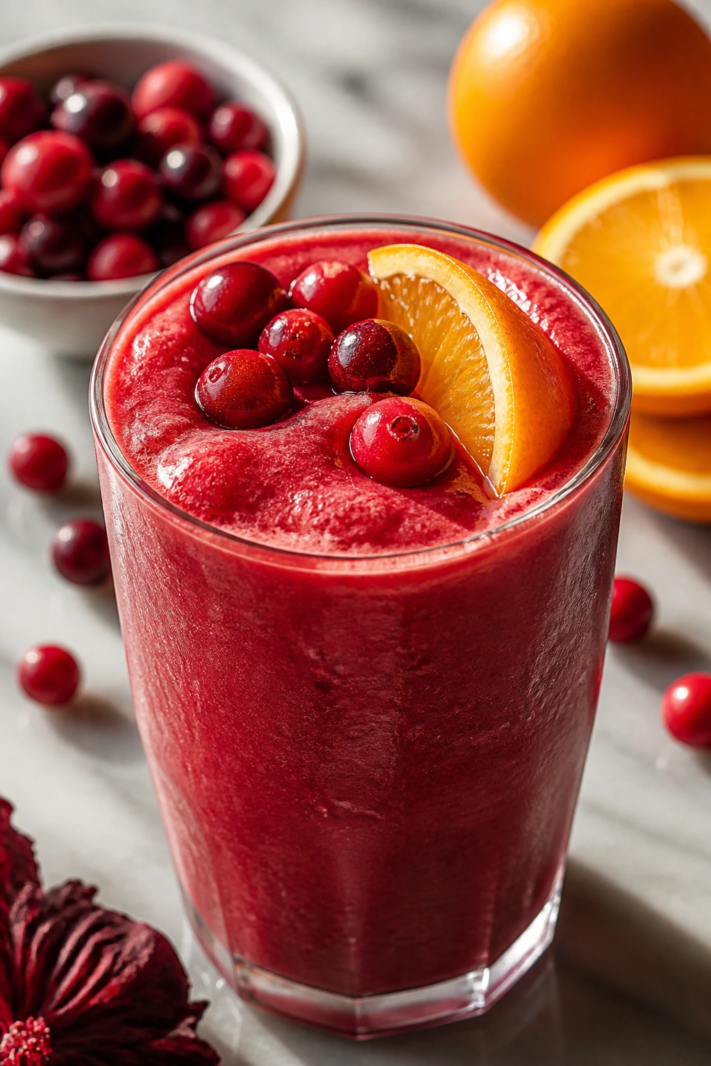 Close-up of Cranberry Hibiscus Orange Smoothie in a glass on a counter