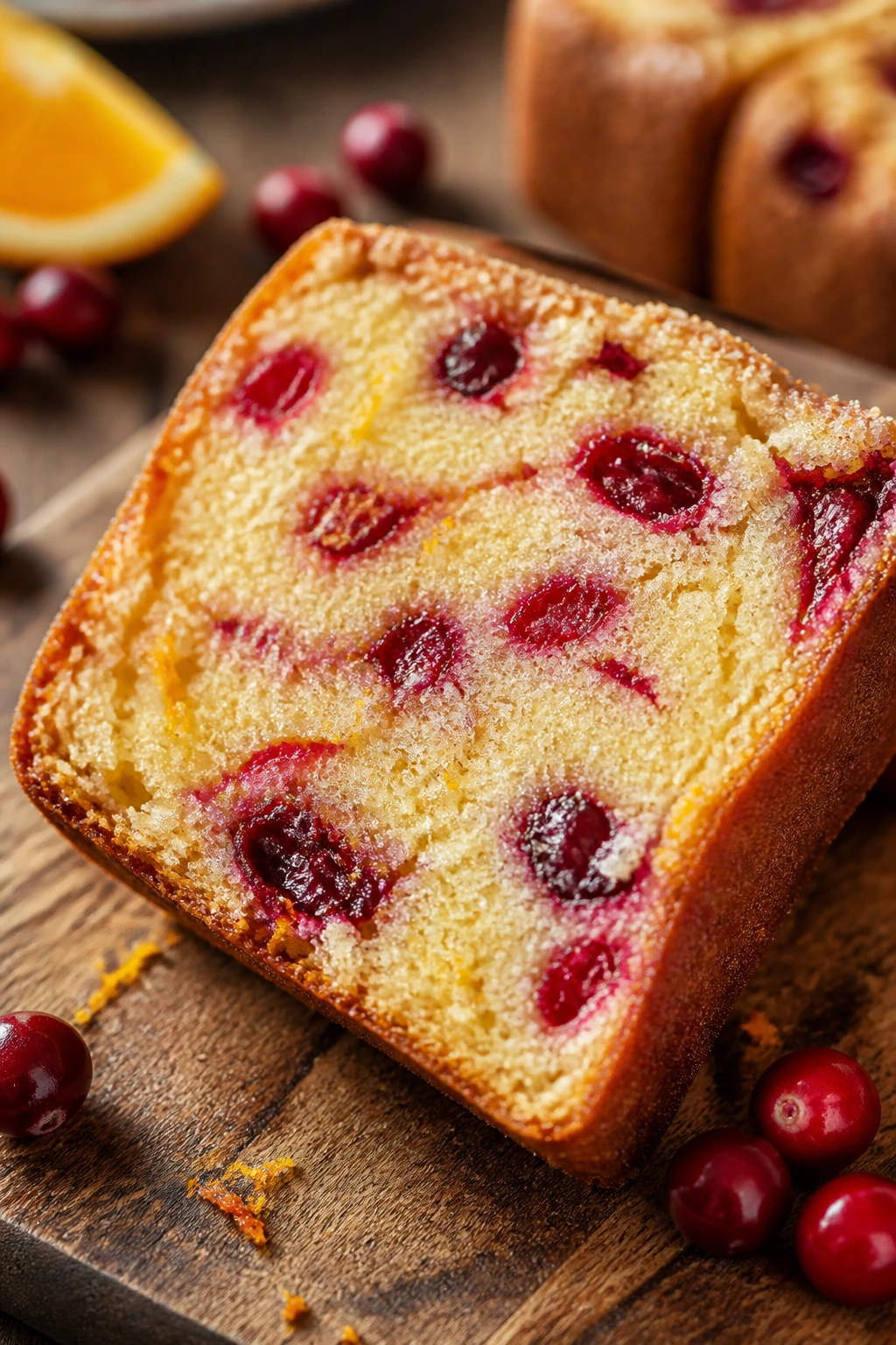 Slice of cranberry orange loaf on a wooden board