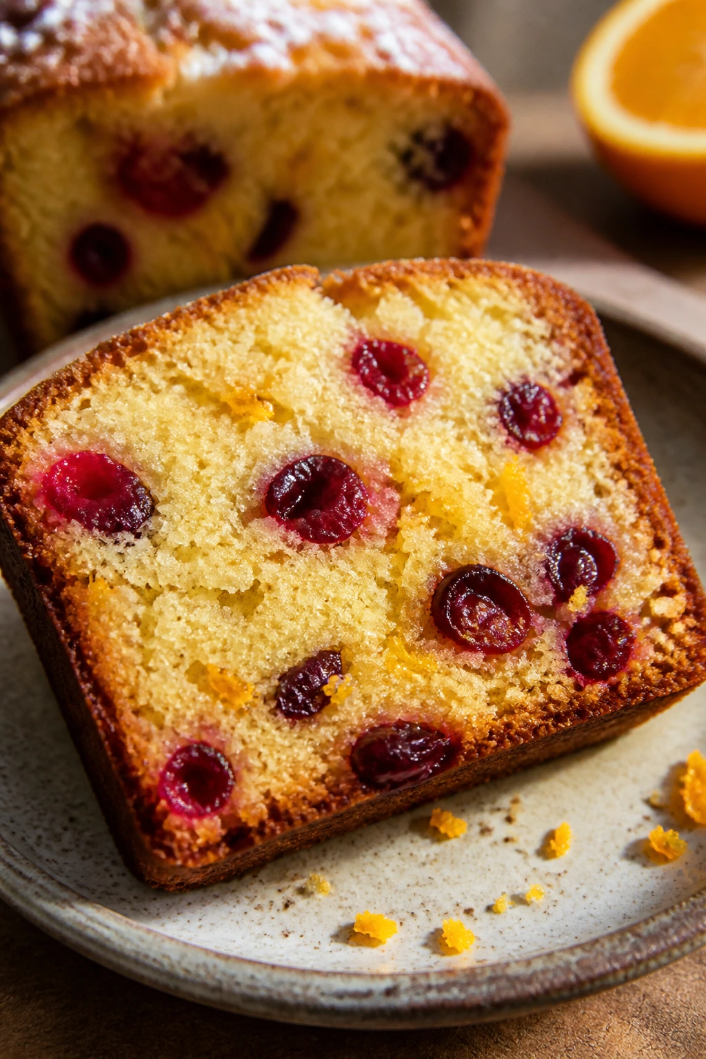Close-up of cranberry orange loaf cake slice on rustic plate in warm kitchen